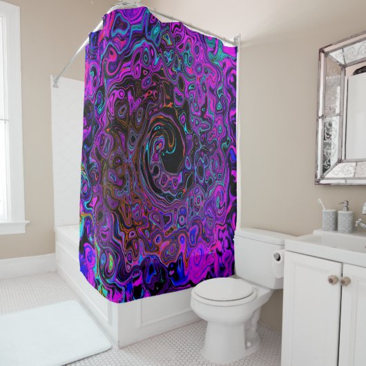 Trippy Black en Magenta Retro Liquid Swirl Douchegordijn (In situ)