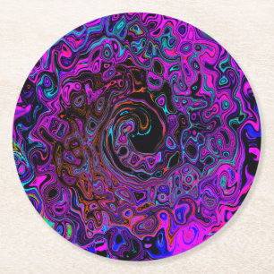 Trippy Black en Magenta Retro Liquid Swirl Ronde Kartonnen Onderzetter
