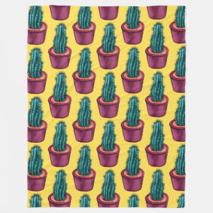 Trippy Cactus Pattern Yellow Weird Psychedelic Fleece Deken