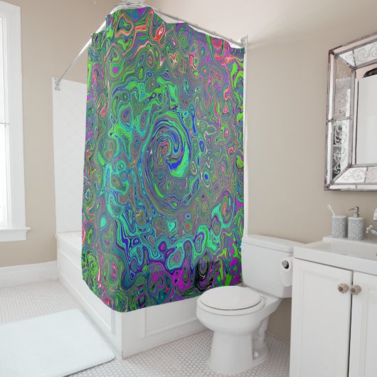 Trippy Chartreuse en Blue Retro Liquid Swirl Douchegordijn (In situ)