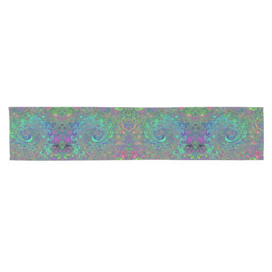 Trippy Chartreuse en Blue Retro Liquid Swirl Korte Tafelloper (Horizontaal)