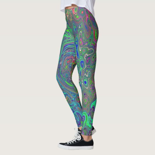Trippy Chartreuse en Blue Retro Liquid Swirl Leggings (Links)