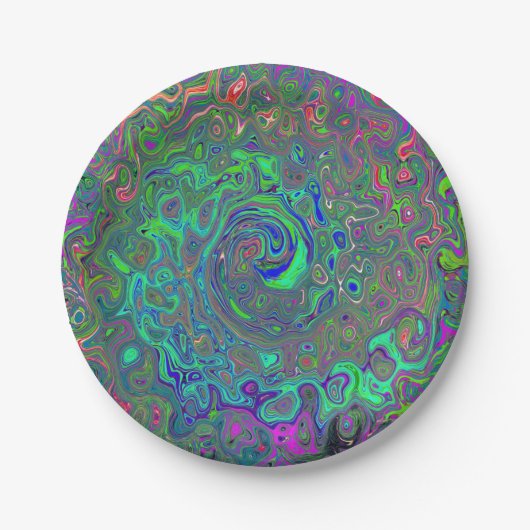 Trippy Chartreuse en Blue Retro Liquid Swirl Papieren Bordje (Voorkant)