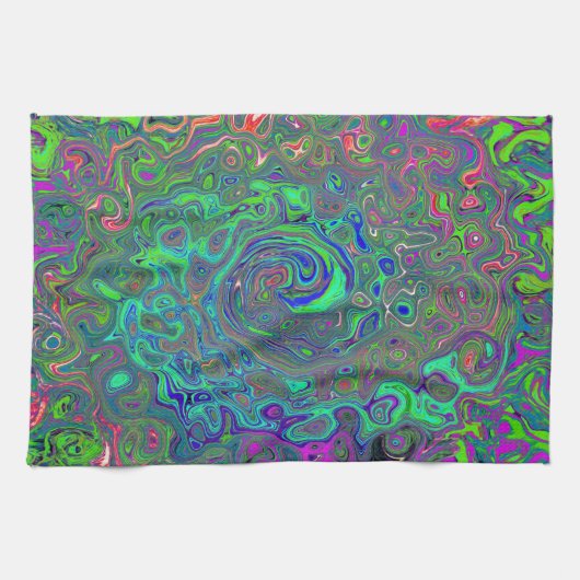 Trippy Chartreuse en Blue Retro Liquid Swirl Theedoek (Horizontaal)