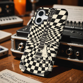 Trippy Checkered Electric Guitar Black and White iPhone 16 Plus Hoesje
