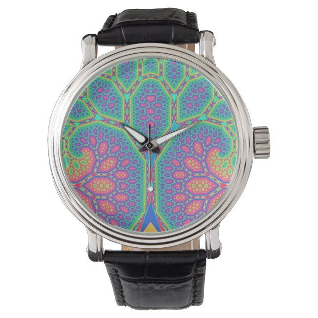 Trippy Groovy Wiskundige Geometrische Fractal Tree Horloge (Voorkant)