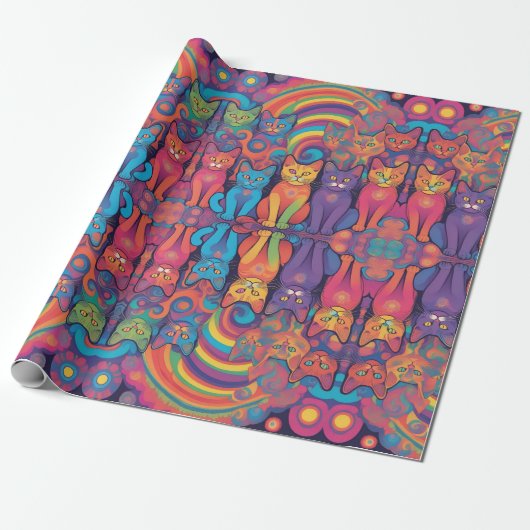 Trippy Hippy Katten Levendige Kleur Psychedelic Cadeaupapier (Uitgerold)