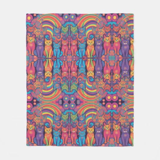 Trippy Hippy Katten Levendige Kleur Psychedelic Fleece Deken (Voorkant)