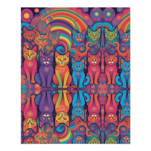 Trippy Hippy Katten Levendige Kleur Psychedelic Perfect Poster (Voorkant)