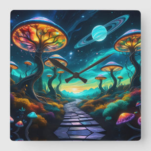 Trippy Mushroom Planet II Vierkante Klok