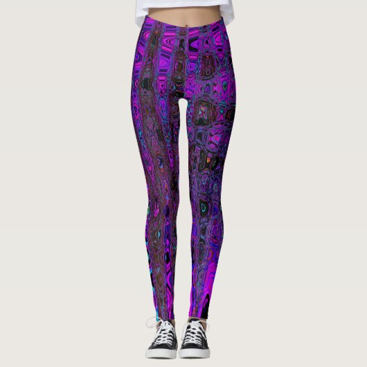 Trippy Paarse en zwarte Retro Atomic Waves Leggings (Voorkant)