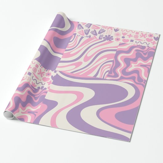 Trippy Patchwork Collage Retro Modern Patroon Roze Cadeaupapier (Uitgerold)