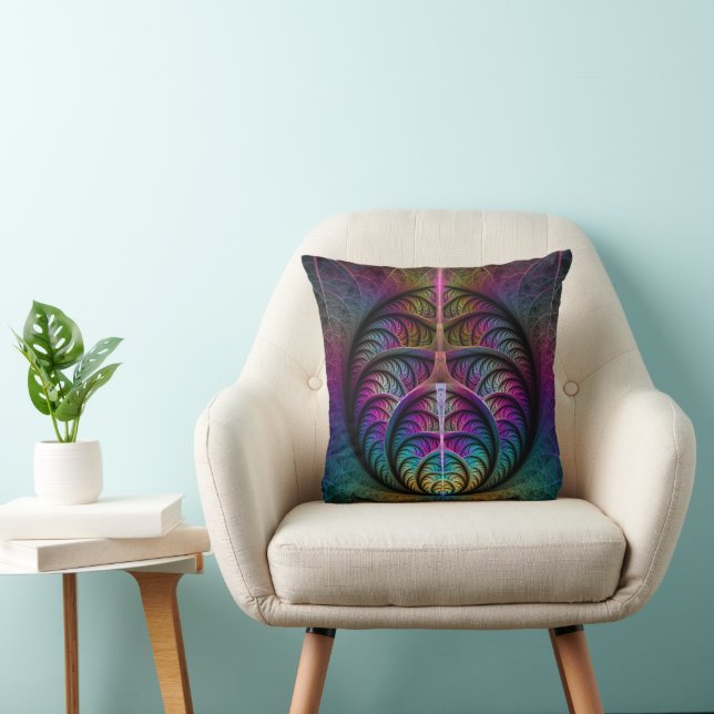 Trippy Patterned Kleurrijke Abstracte Fractal Art Kussen (Stoel)