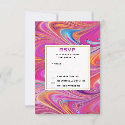 Trippy Roze en Sinaasappel Swirly Design Bruiloft RSVP Kaartje (Voorkant)