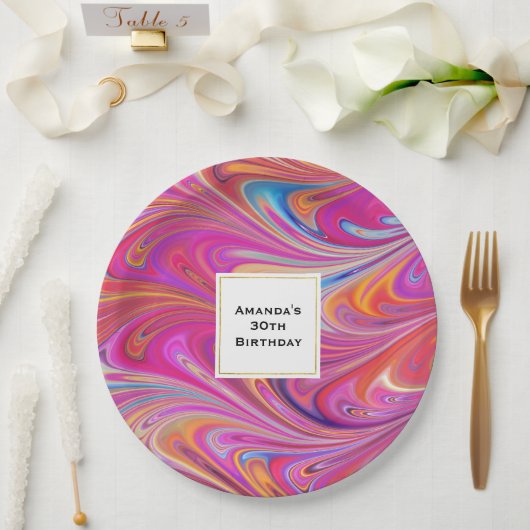 Trippy Roze en Sinaasappel Swirly Design Verjaarda Papieren Bordje (Huwelijk)