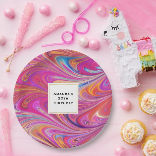 Trippy Roze en Sinaasappel Swirly Design Verjaarda Papieren Bordje (Feest)