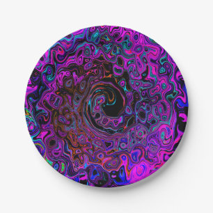 Trippy Zwart en Magenta Retro Vloeibare Draaikolk Papieren Bordje