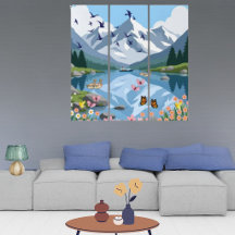 Triptyque d'art mural de lac de montagne moderne