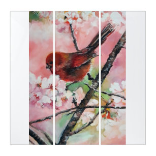 Triptyque Oiseau roux en fleurs de cerisiers
