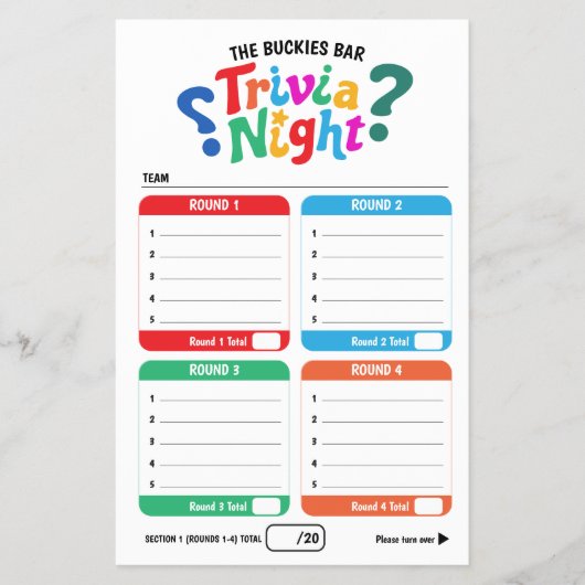 Trivia gaming 50 questions answer sheets flyer (Voorkant)