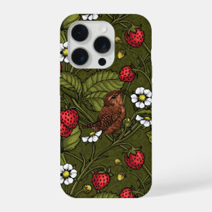 Troglodytes et fraises sur fond vert foncé