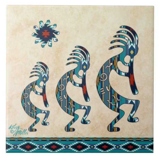 Trois carreaux en céramique Turquoise Kokopelli (Devant)