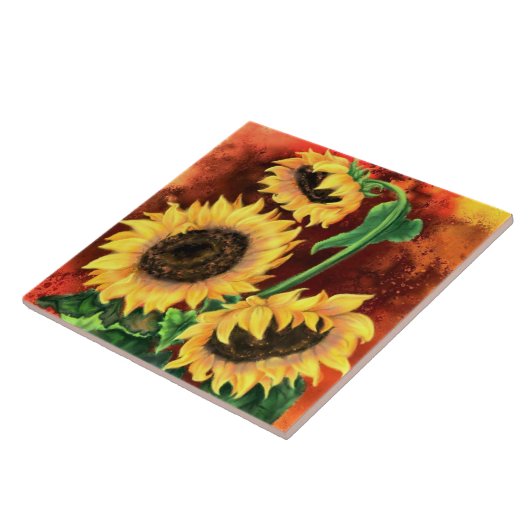 Trois Carreaux Peints De Fleurs De Soleil (Côté)