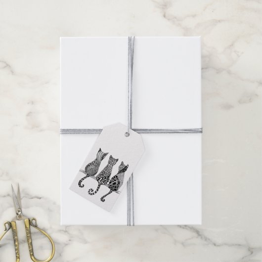 Trois Chats Noirs et Blancs pack de 10 étiquettes  (Avec de la ficelle)