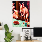 Trois cochons mangeant du lard | AI Art Poster (Bureau à domicile)