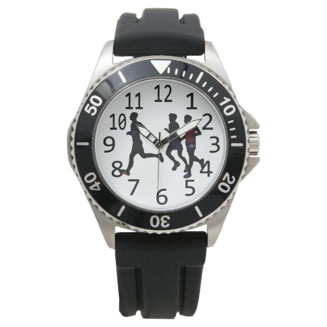 Trois coureurs masculins exécutant des montres per (devant)