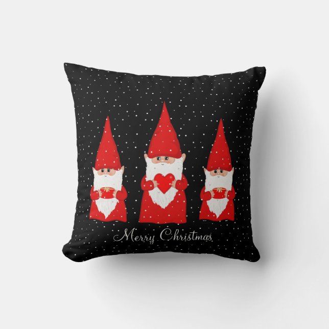 Trois Gnomes de Noël sur oreiller à lancer noir (Recto)