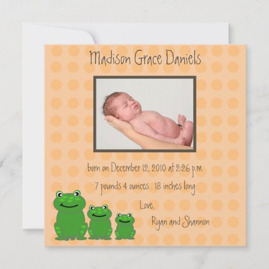 Trois grenouilles Faire-part de naissance orange (Devant)