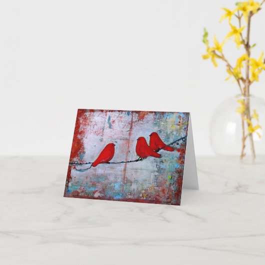Trois oiseaux rouges sur un Carte pour notes de fi (Fleur jaune)
