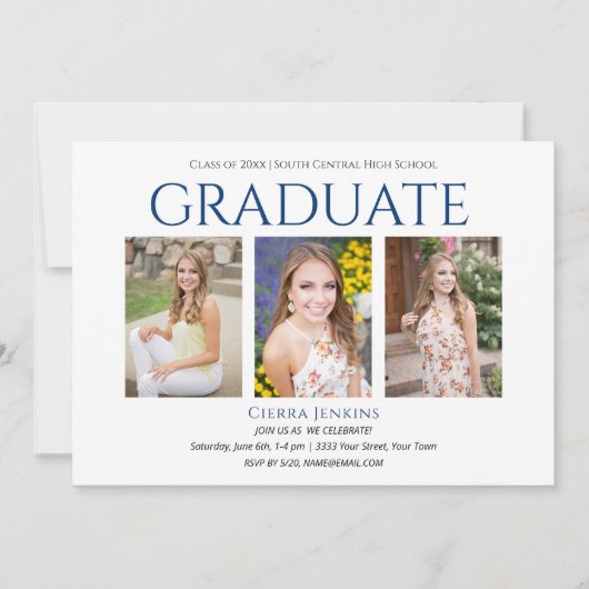 Trois photo White Blue Graduation Party Invitation (Devant)