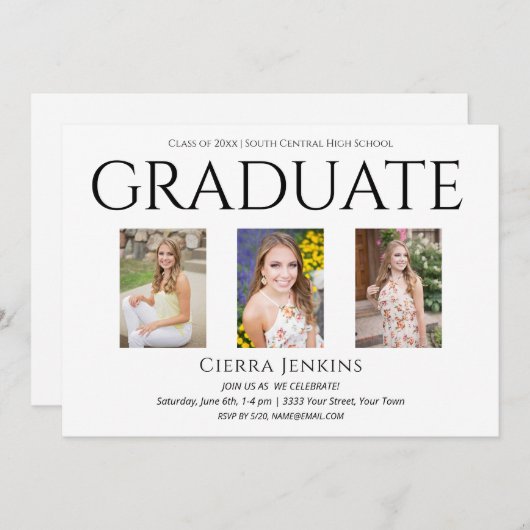 Trois photo White Graduation Party Invitation (Devant / Derrière)