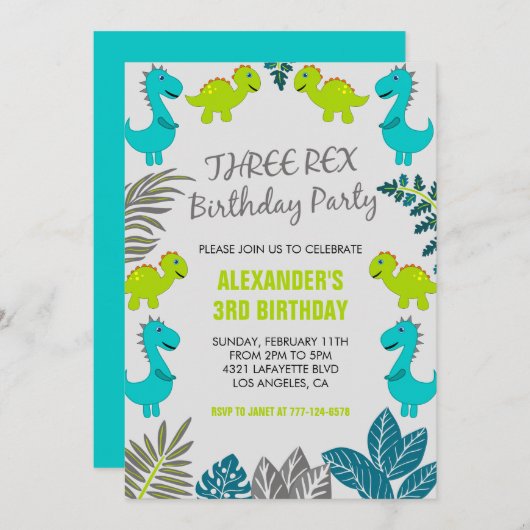 Trois rex anniversaire invitation dinosaure 3e Coo (Devant / Derrière)