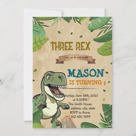 TROIS REX invitation d'anniversaire de dinosaure (Devant)