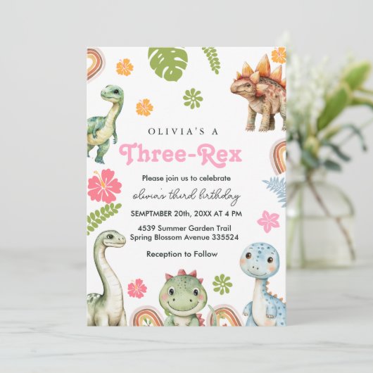 Trois Rex Invitation fille Dinosaur anniversaire (Debout devant)