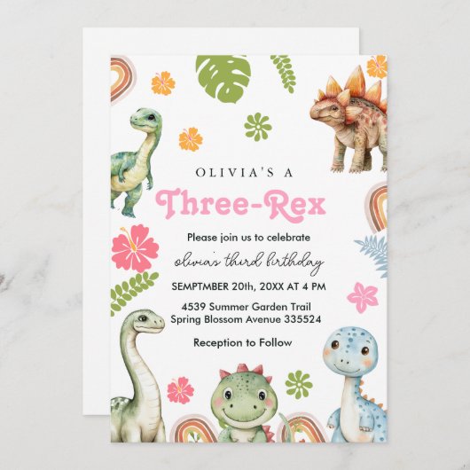 Trois Rex Invitation fille Dinosaur anniversaire (Devant / Derrière)