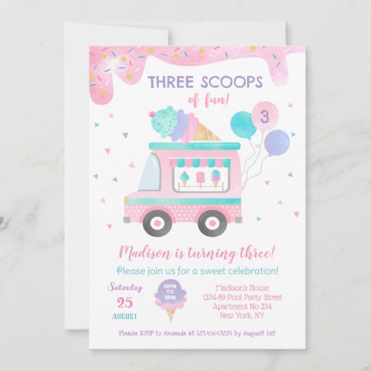 Trois Scoops de plaisir Crème de glace Invitations (Devant)