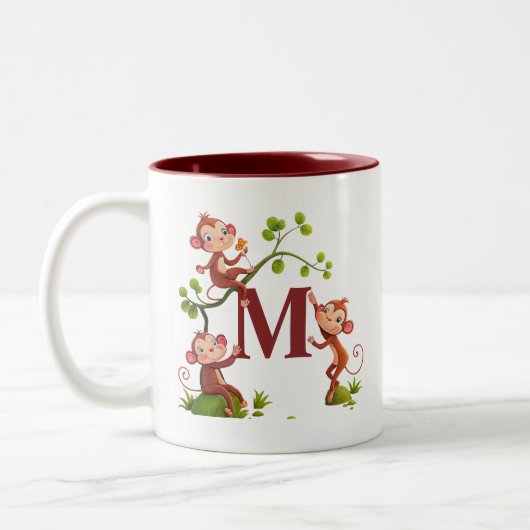 Trois singes mignons et mug à monogramme bordeaux (Gauche)