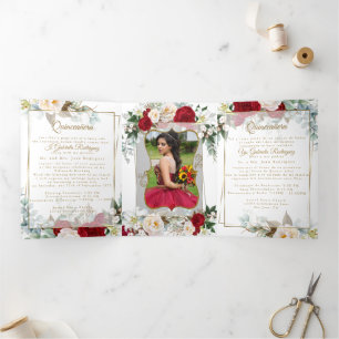 Trois Volets 2 Photo Red Peony Mis Quince Ans Invitation Tri-Pl