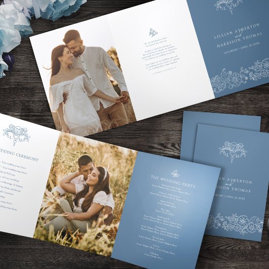 Trois Volets Bleu gris blanc fleur de lis programme de mariage