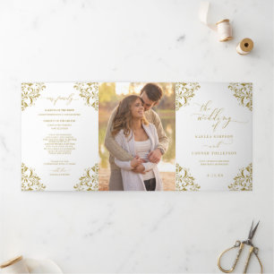Trois Volets Brochure du programme de mariage triplé or élégant