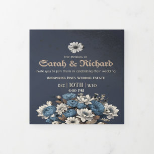 Trois Volets Élégante invitation de mariage florale bleu marine