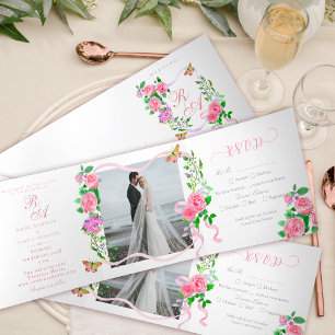 Trois Volets Faire-part de mariage Monogramme rose rose