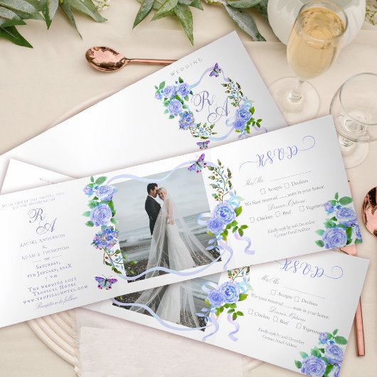 Trois Volets Faire-part de mariage photo du ruban bleu Rose