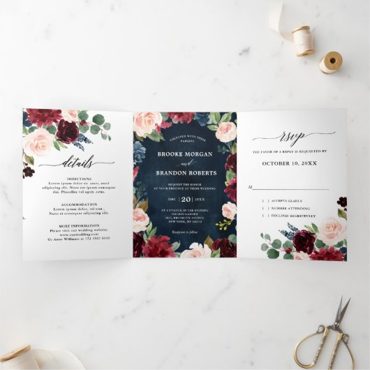 Trois Volets Faire-part de mariage Trifold Rouge Bourgogne Navy (Intérieur)