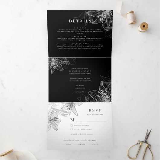 Trois Volets Floral Lilies B&W Tripler Tout En Une Invitation (Intérieur)