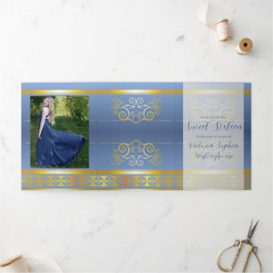 Trois Volets Gold et Blue Photo Sweet 16 Party Invitation